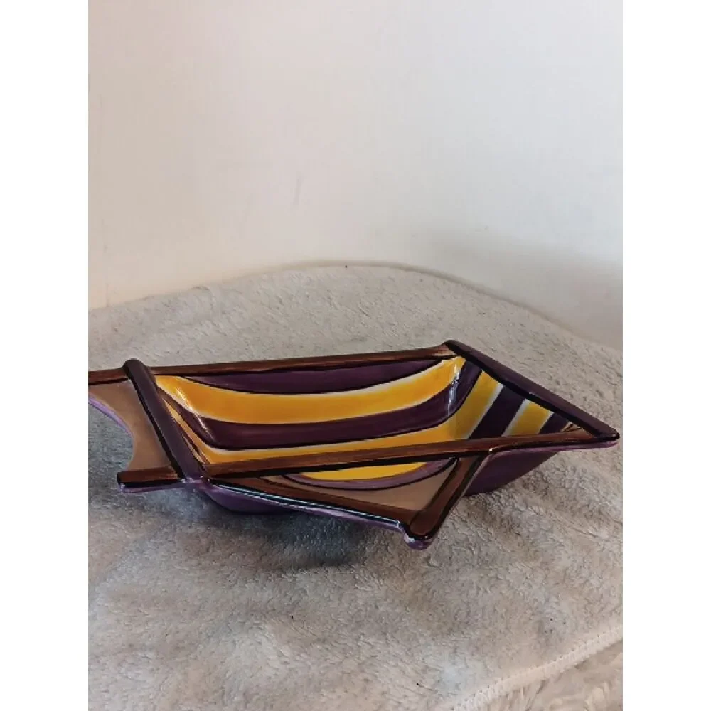 Clay Art Purple and Yellow Beachy Ceramic Snack Tray / Trinket Dish